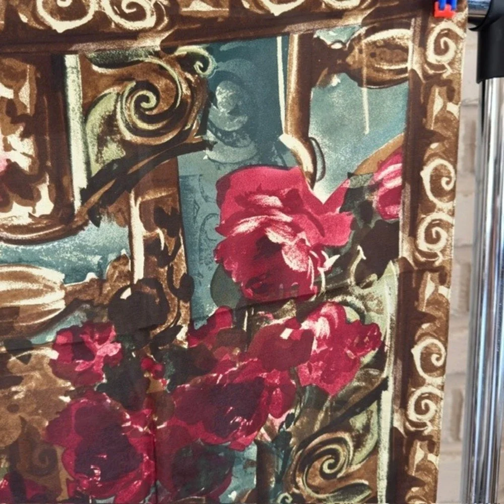 Vintage Silk Scarf 1990s Baroque Floral Red Rose Teal Gold Scroll Print‎